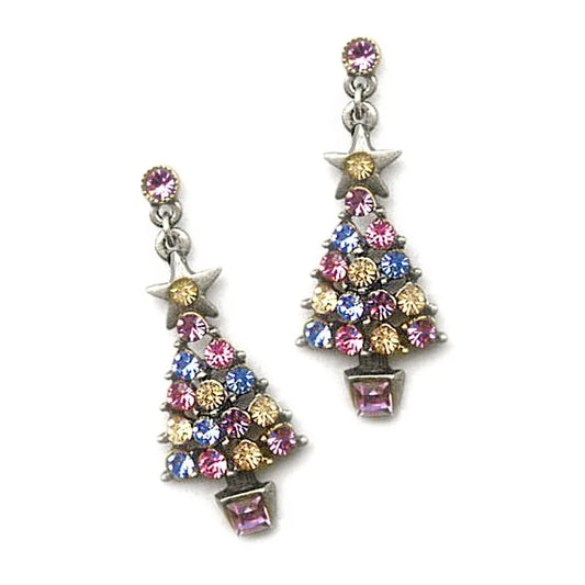 2 Pieces Exquisite Christmas Tree Star Vintage Style Zirconia Metallic Gold Color Multicolor Stud Earrings Dangle Earrings