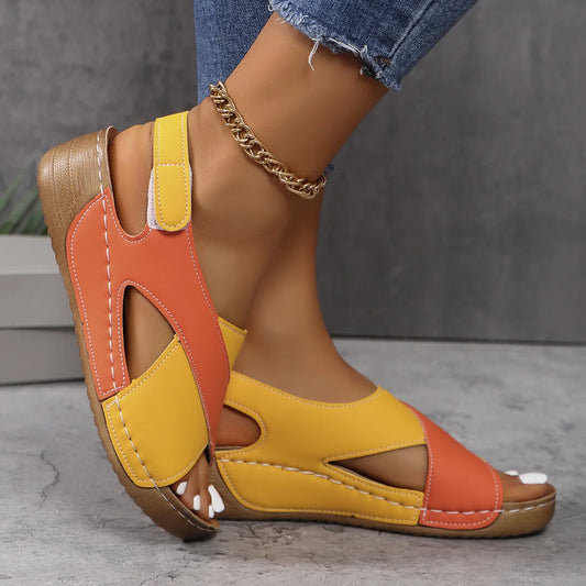 New Women's Contrast Color Wedge Sandals Summer Peep Toe Non Slip Beach Shoes Woman Comfortable Platform Roman Sandalias Mujer
