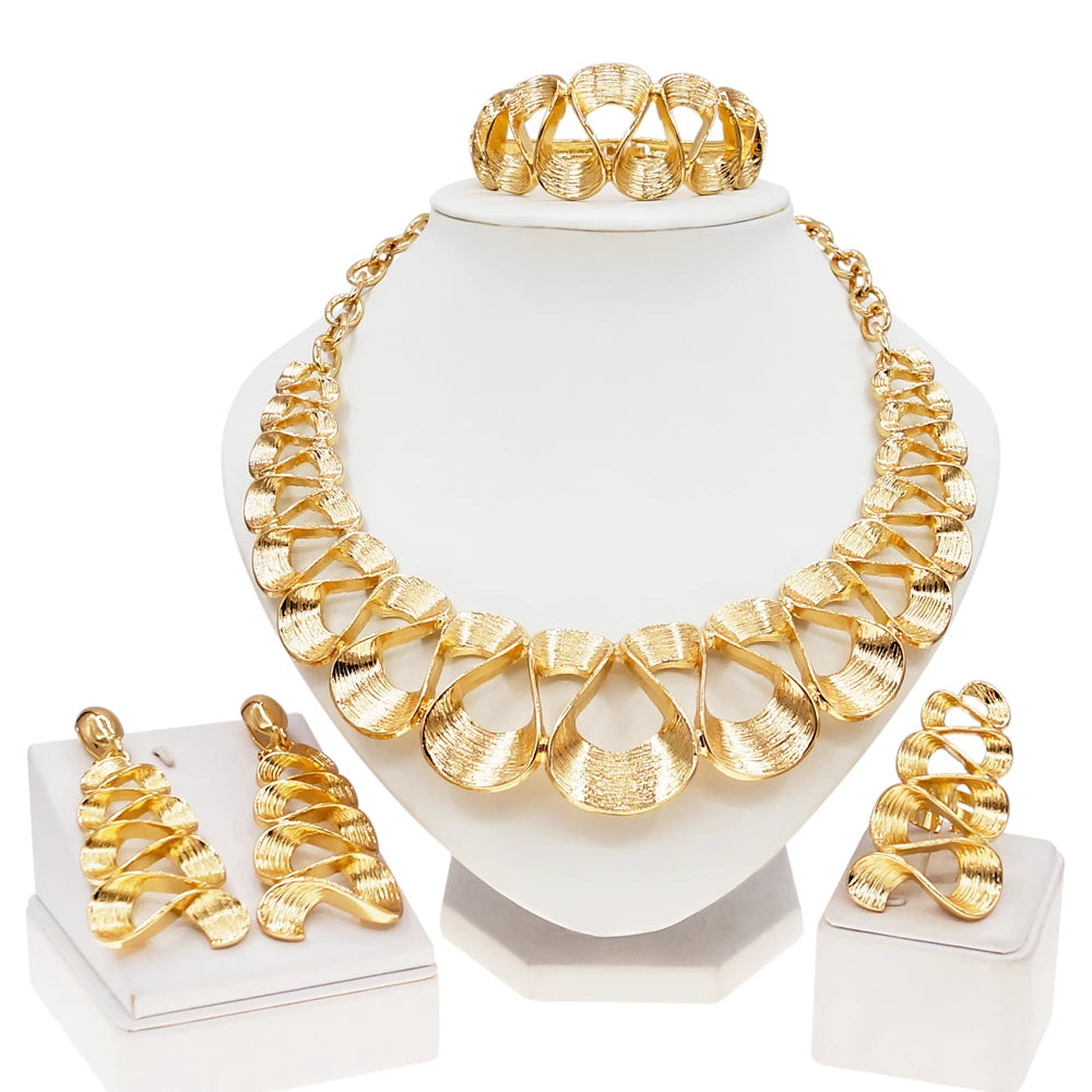 Jewelry Set For Women Gold Plated Wavy Design Fashion Delicate Pendant Necklace Earrings Wedding Holiday Women Jewelry Gifts