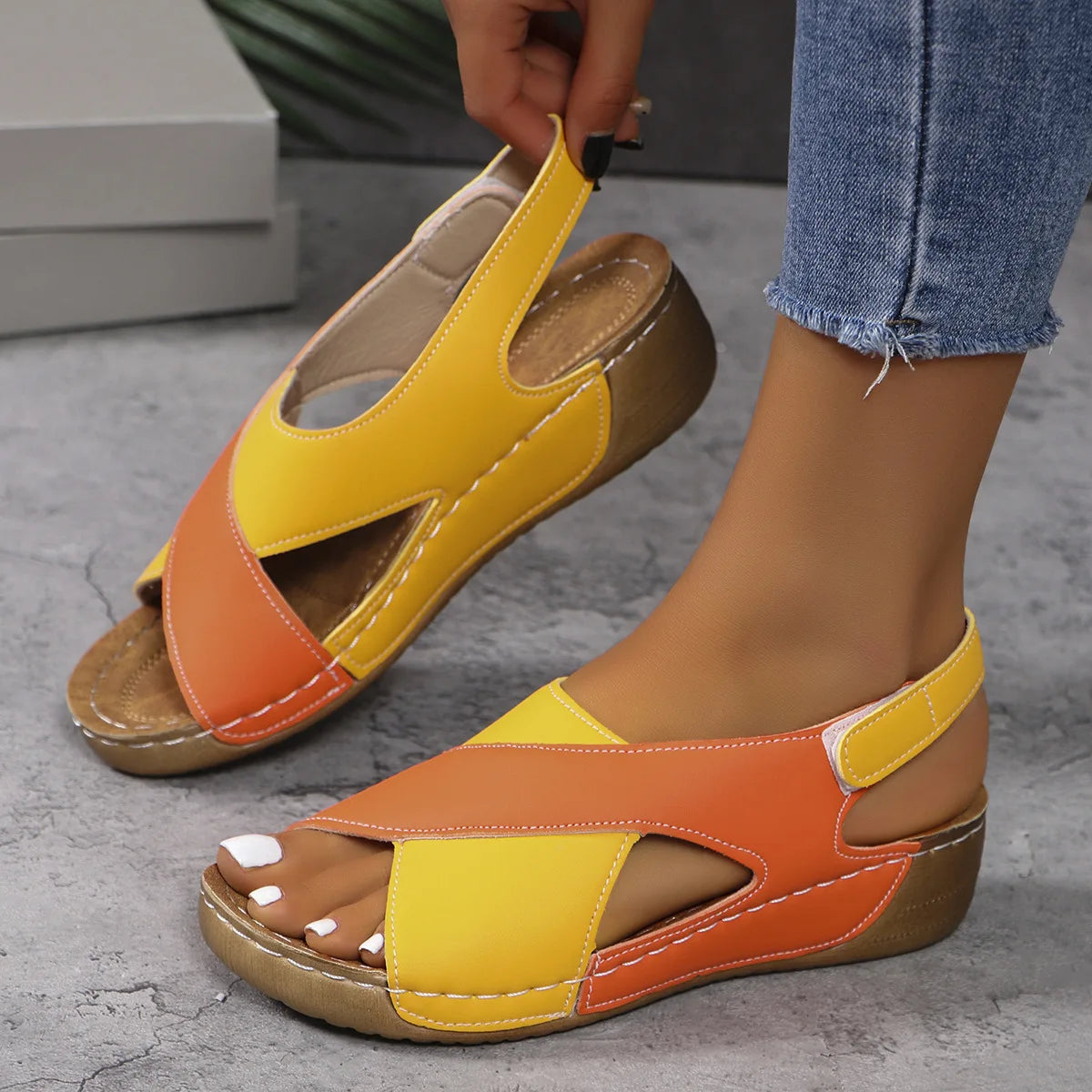 New Women's Contrast Color Wedge Sandals Summer Peep Toe Non Slip Beach Shoes Woman Comfortable Platform Roman Sandalias Mujer