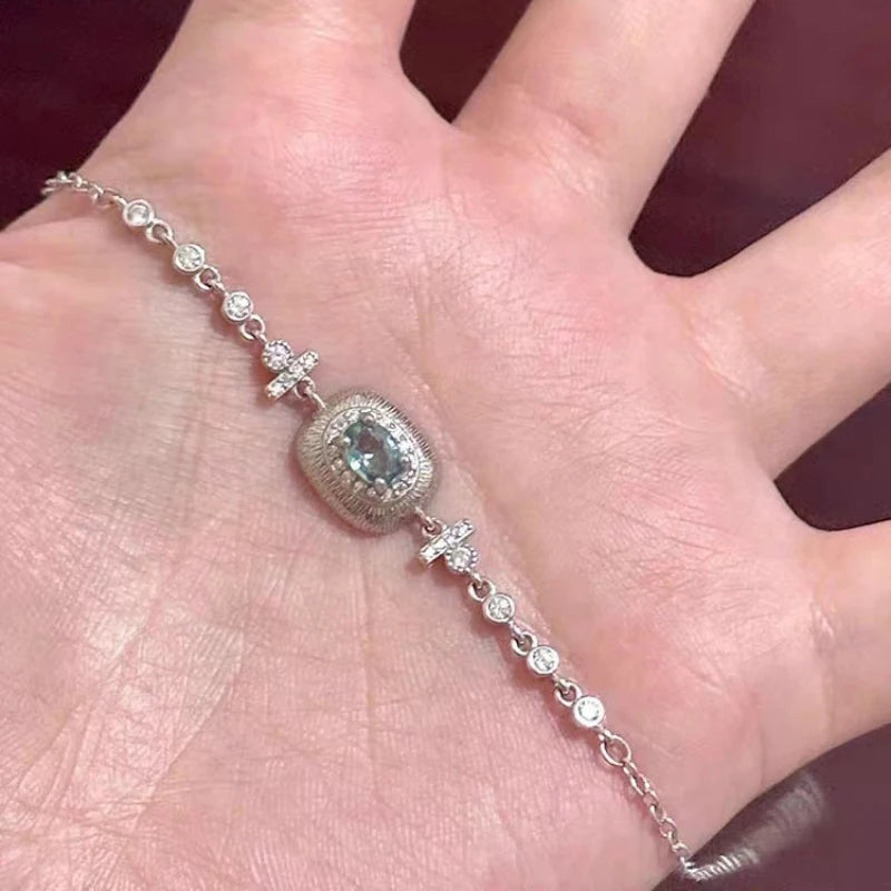 silver 925 light blue gemstone bracelet for Women luxurious exquisite Laziness brushed chain bangles fresh jewelry gift