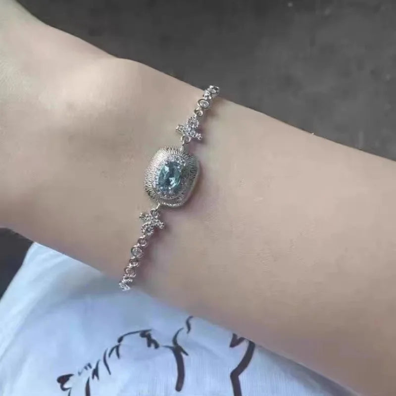 silver 925 light blue gemstone bracelet for Women luxurious exquisite Laziness brushed chain bangles fresh jewelry gift