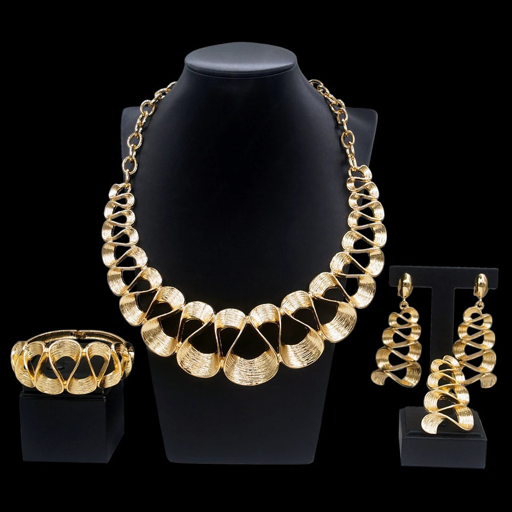 Jewelry Set For Women Gold Plated Wavy Design Fashion Delicate Pendant Necklace Earrings Wedding Holiday Women Jewelry Gifts