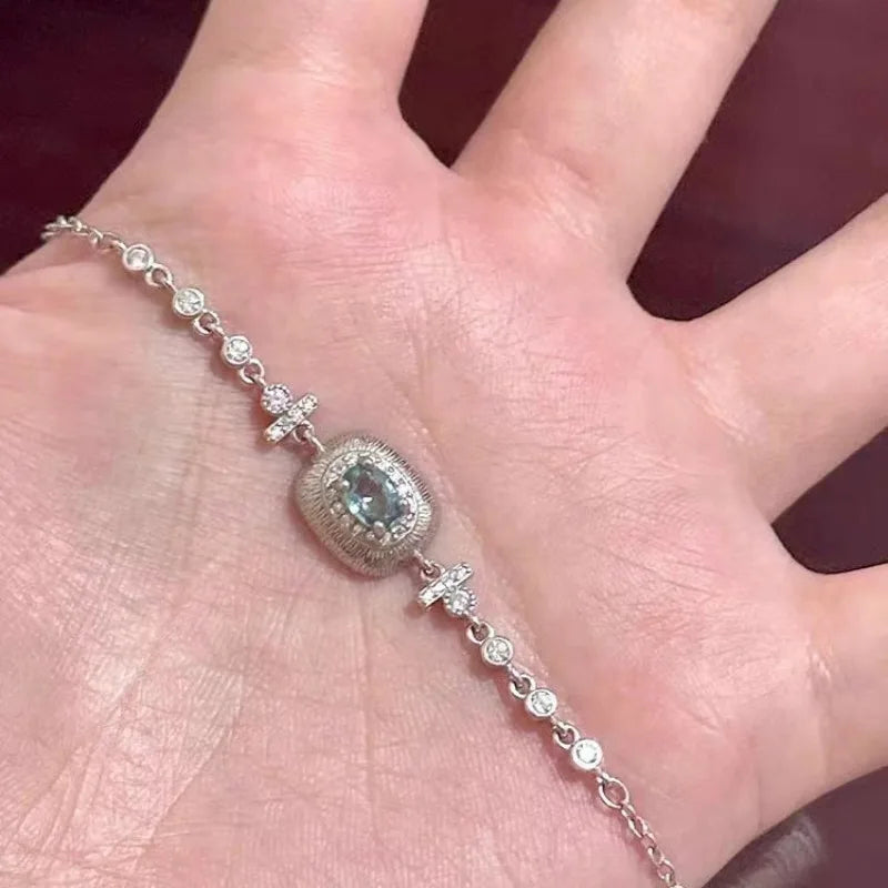 silver 925 light blue gemstone bracelet for Women luxurious exquisite Laziness brushed chain bangles fresh jewelry gift