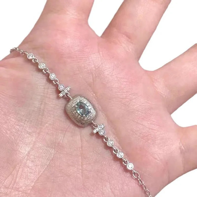 silver 925 light blue gemstone bracelet for Women luxurious exquisite Laziness brushed chain bangles fresh jewelry gift