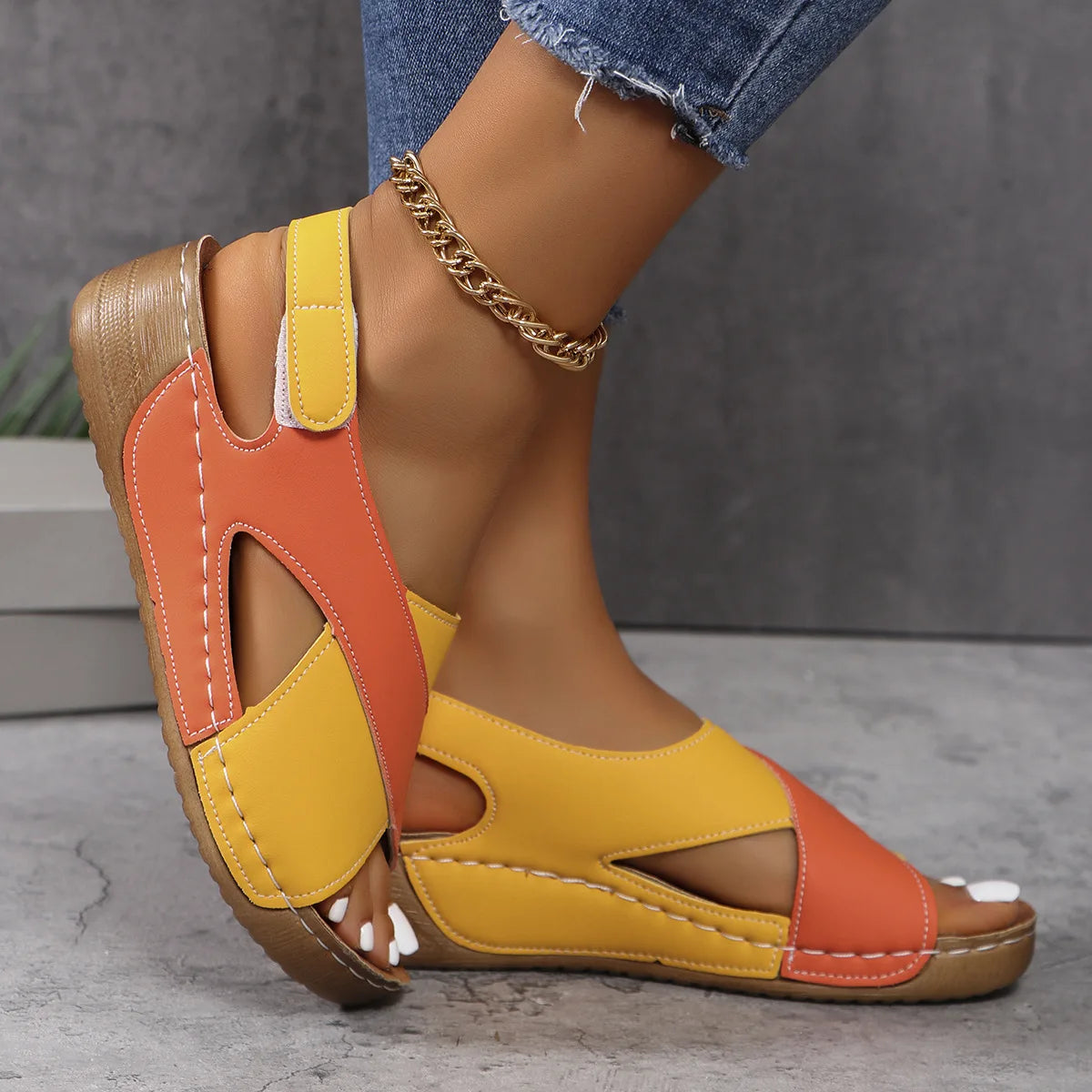 New Women's Contrast Color Wedge Sandals Summer Peep Toe Non Slip Beach Shoes Woman Comfortable Platform Roman Sandalias Mujer