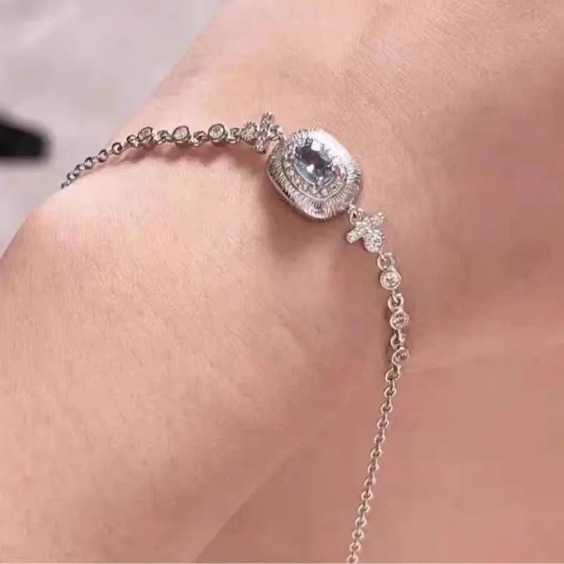 silver 925 light blue gemstone bracelet for Women luxurious exquisite Laziness brushed chain bangles fresh jewelry gift