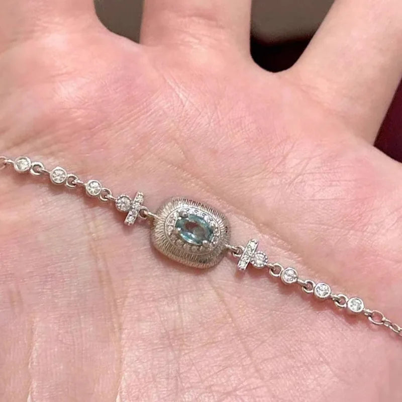 silver 925 light blue gemstone bracelet for Women luxurious exquisite Laziness brushed chain bangles fresh jewelry gift